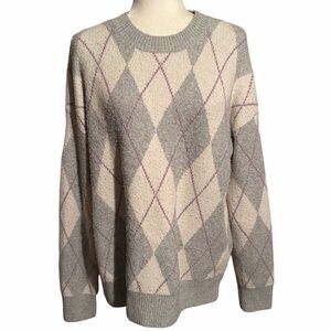 Christian Siriano New York Off-white, Purple and Pale Gray Argyle Knit Sweater